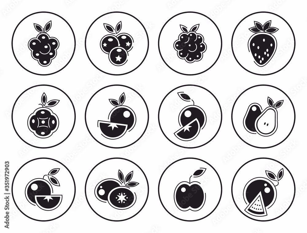 Icons of fruits and berries. Vector illustration. Raspberry grapefruit strawberry Apple orange pear lemon kiwi lime blueberry BlackBerry cloudberry cherry watermelon. Collection of fruit pictograms Icons of fruits and berries. Vector illustration. Raspberry grapefruit strawberry Apple orange pear lemon kiwi lime blueberry BlackBerry cloudberry cherry watermelon. Collection of fruit pictograms
