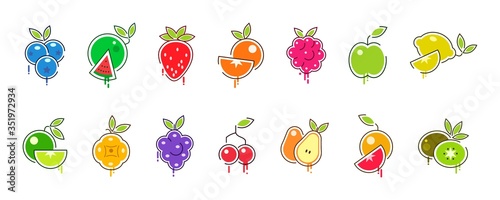 Icons of fruits and berries. Vector illustration. Raspberry grapefruit strawberry Apple orange pear lemon kiwi lime blueberry BlackBerry cloudberry cherry watermelon. Collection of fruit pictograms