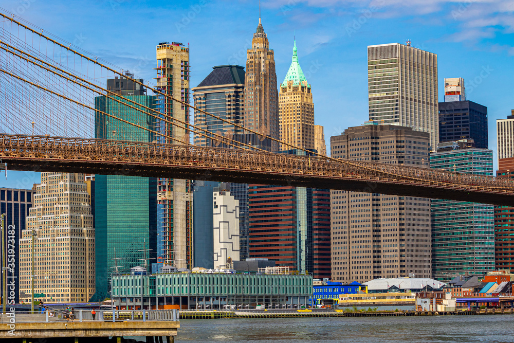 Brooklyn Bridge and Manhattan skyline as seen from Brooklyn Bridge Park, New York City