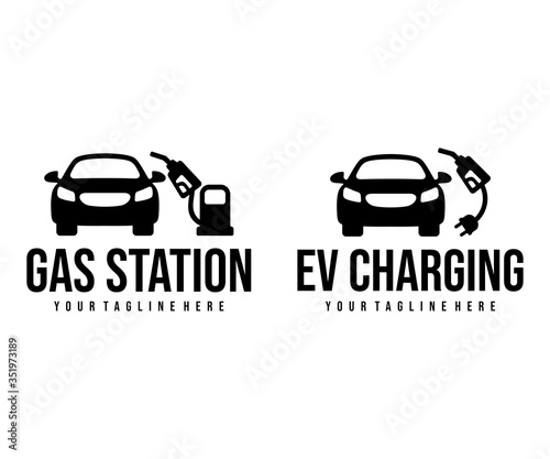 Gas station and EV charging stations for car, logo design. Transport, vehicle, fuel and energy, vector design and illustration