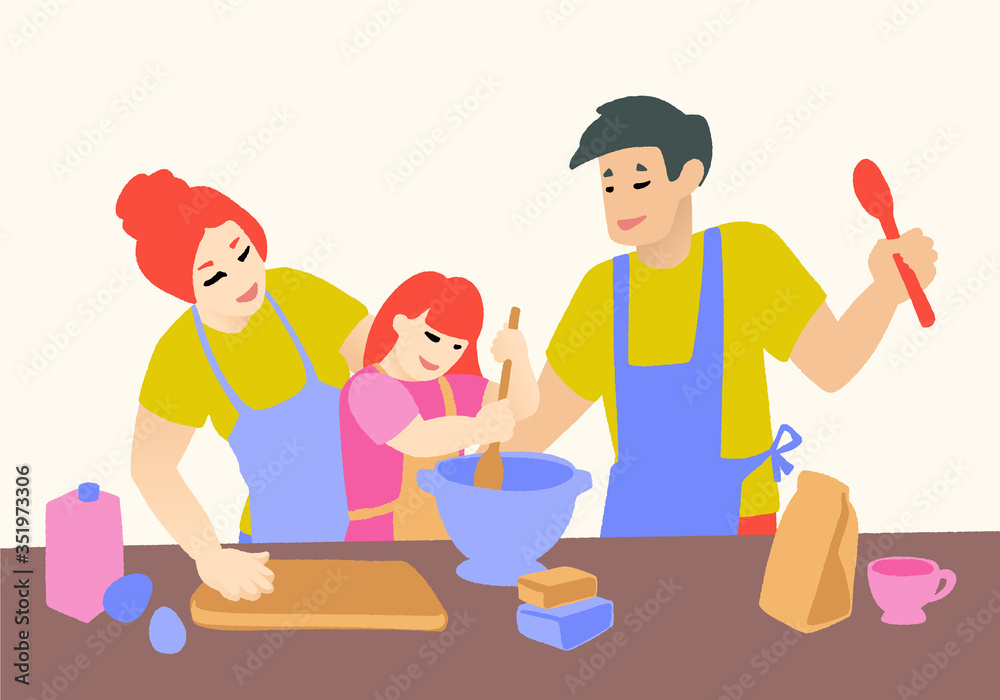 Happy family cooking. Mother and father with child cook dishes in kitchen. Happy family cooking. Mother and father with child cook dishes in kitchen.