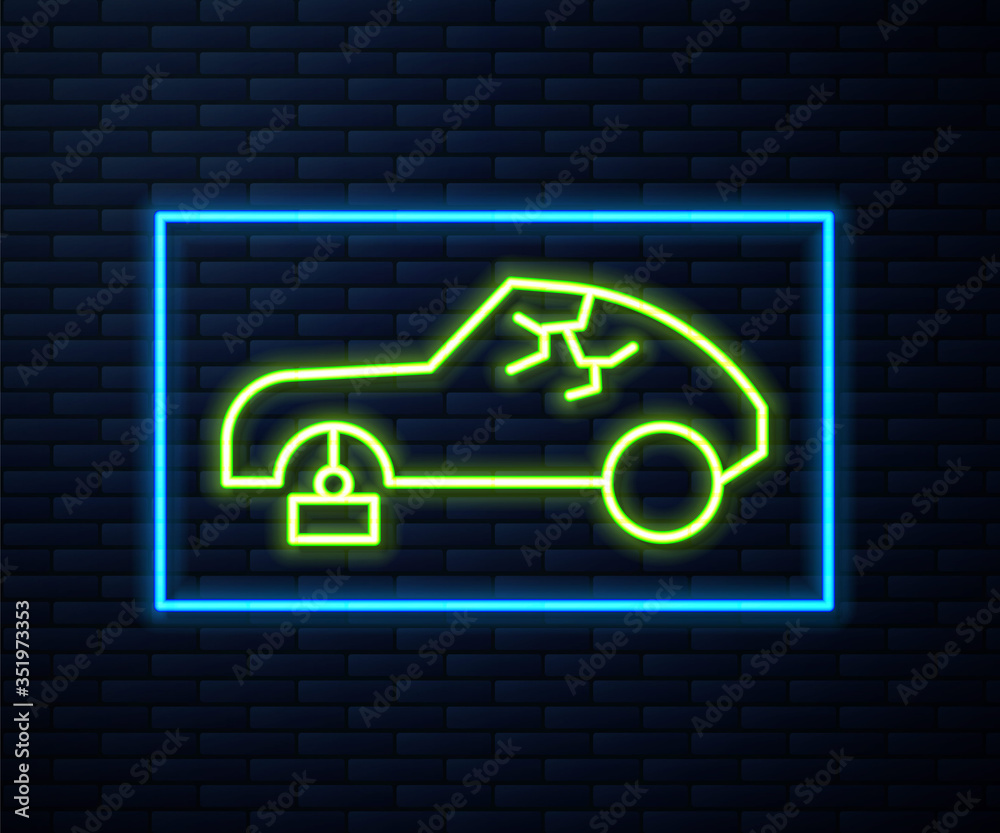 Glowing neon line Broken car icon isolated on brick wall background. Car crush. Vector