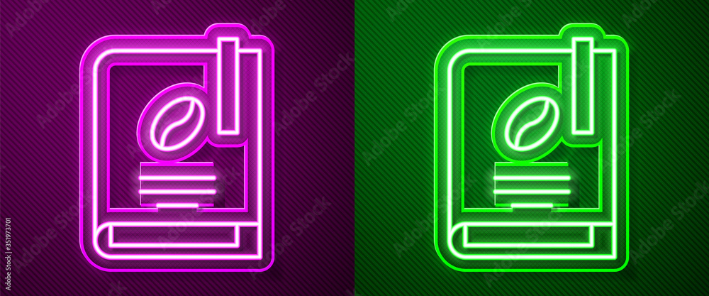 Glowing neon line Coffee book icon isolated on purple and green background. Vector Glowing neon line Coffee book icon isolated on purple and green background. Vector