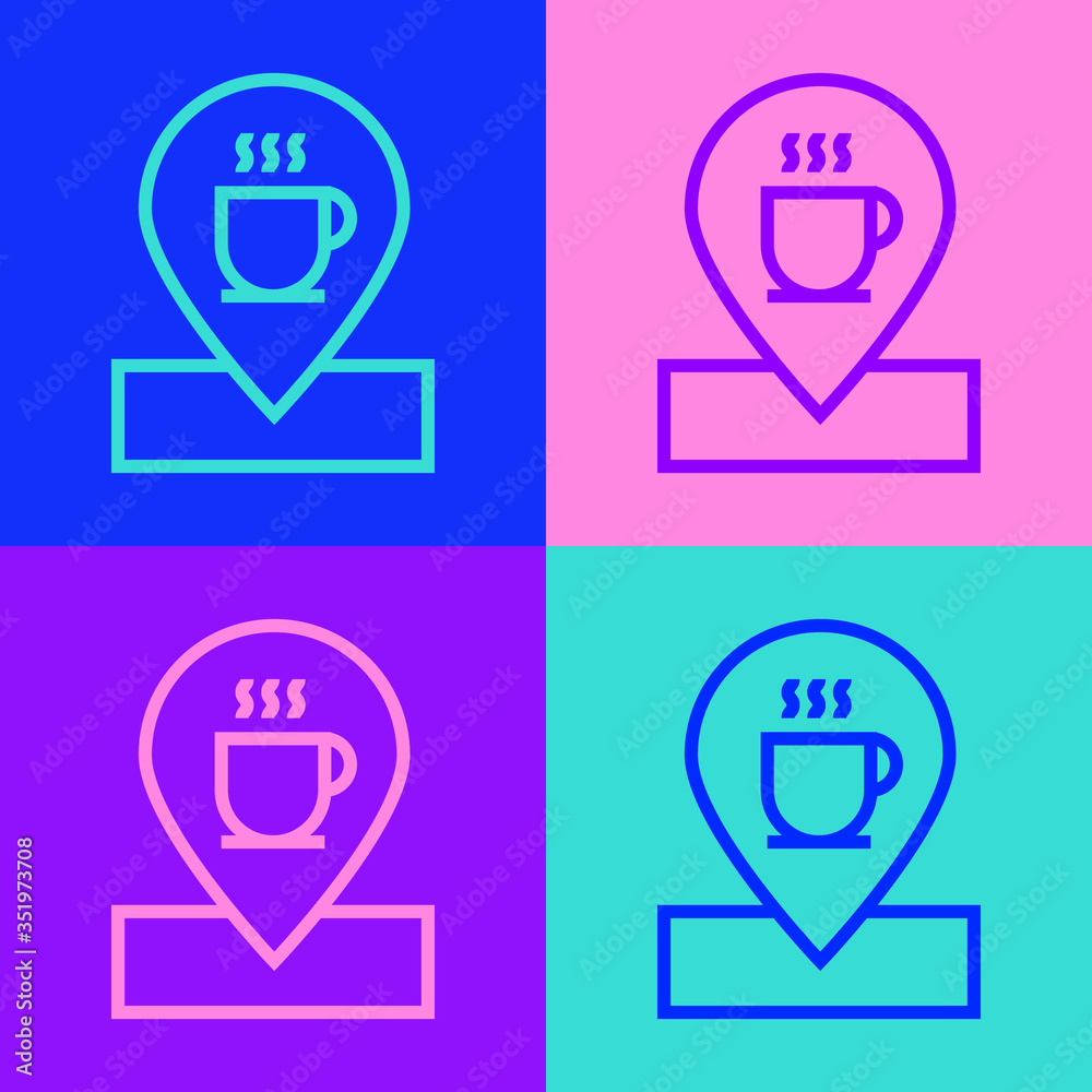 Pop art line Location with coffee cup icon isolated on color background. Vector Pop art line Location with coffee cup icon isolated on color background. Vector