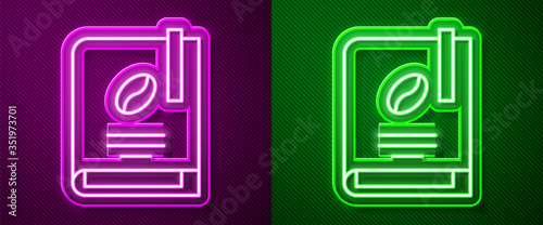 Glowing neon line Coffee book icon isolated on purple and green background. Vector