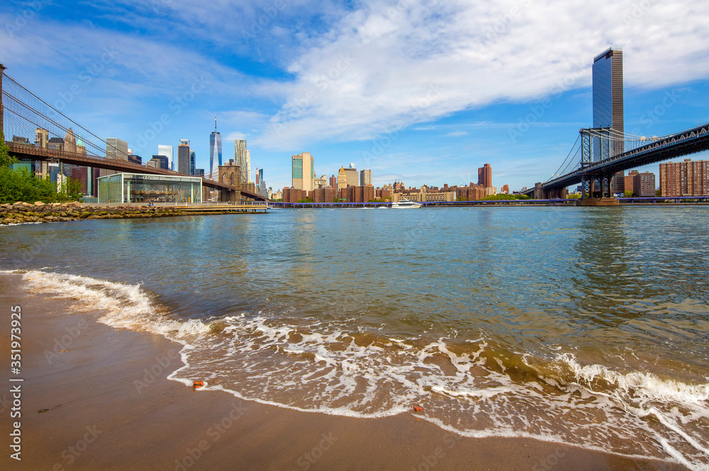 Brooklyn and Manhattan Bridge seen from Brooklyn Bridge Park, New York