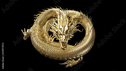 Full body gold dragon in coin body pose with 3d rendering include alpha path.