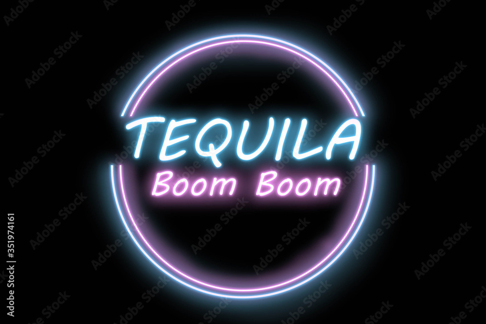 The inscription of the drink based on tequila called Boom Boom, colorful neon The inscription of the drink based on tequila called Boom Boom, colorful neon