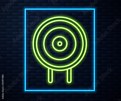 Glowing neon line Target sport icon isolated on brick wall background. Clean target with numbers for shooting range or shooting. Vector
