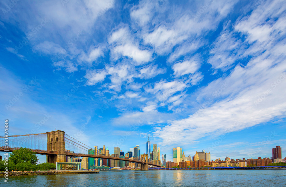 Brooklyn Bridge and Manhattan skyline as seen from Brooklyn Bridge Park, New York City