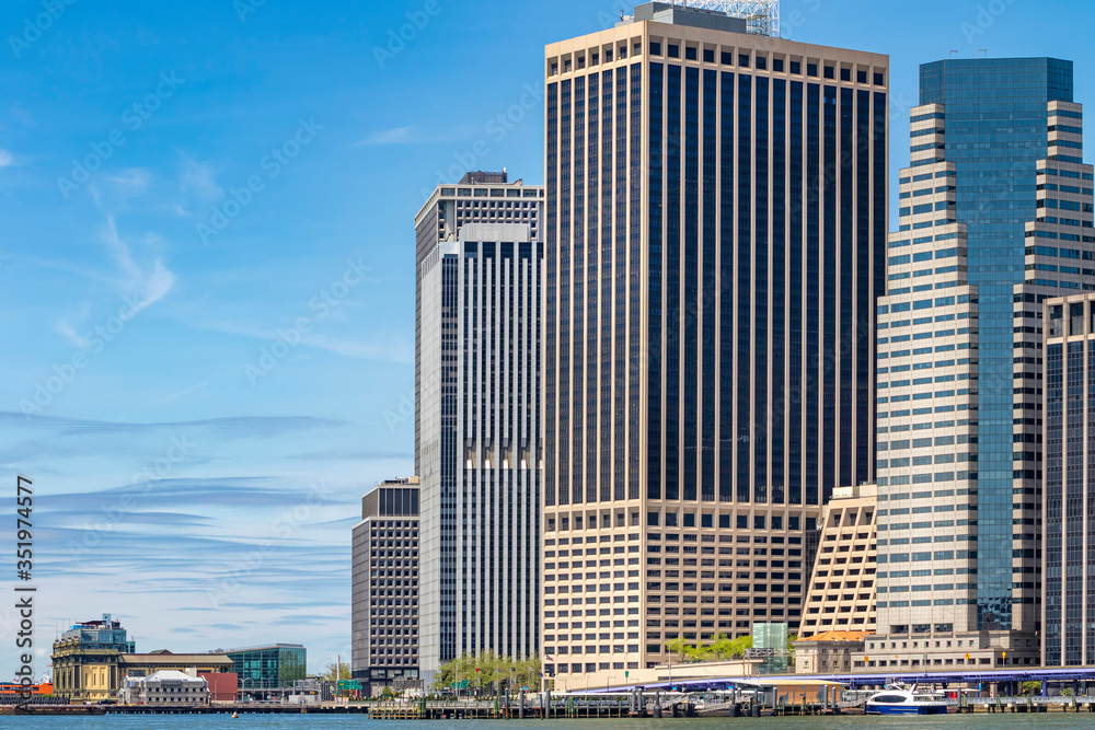 Lower Manhattan skyline view from Brooklyn Bridge Park in New York City