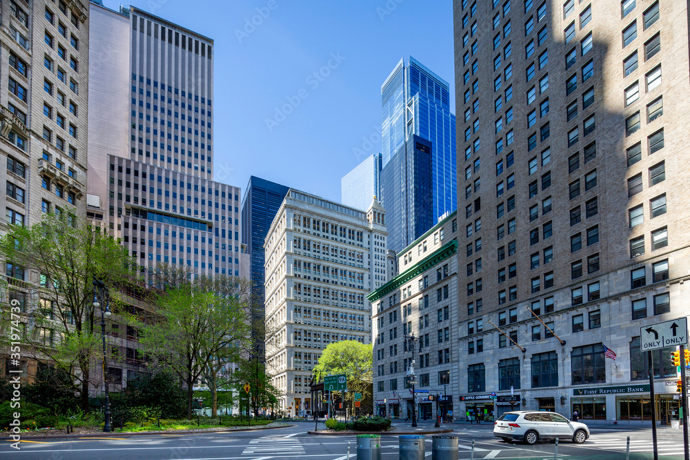 New York, NY / USA - May 2, 2020: Coronavirus impact, empty downtown streets in Manhattan during pandemic city lockdown.