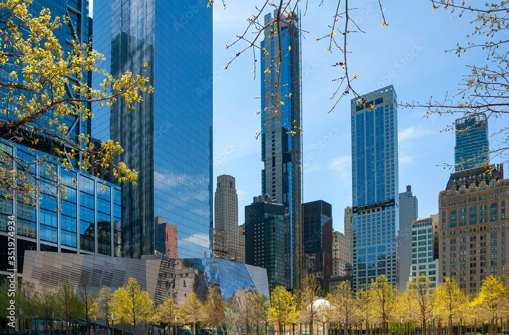 New York, NY, USA - May 2, 2020: View of World Trade Center complex at Lower Manhattan.
