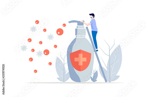 Virus germs and bacteria protection. A man is spraying a sanitizer to eradicate the virus. Person resistant and prevention disease