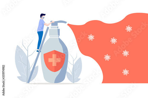 Virus germs and bacteria protection. A man is spraying a sanitizer to eradicate the virus. Person resistant and prevention disease