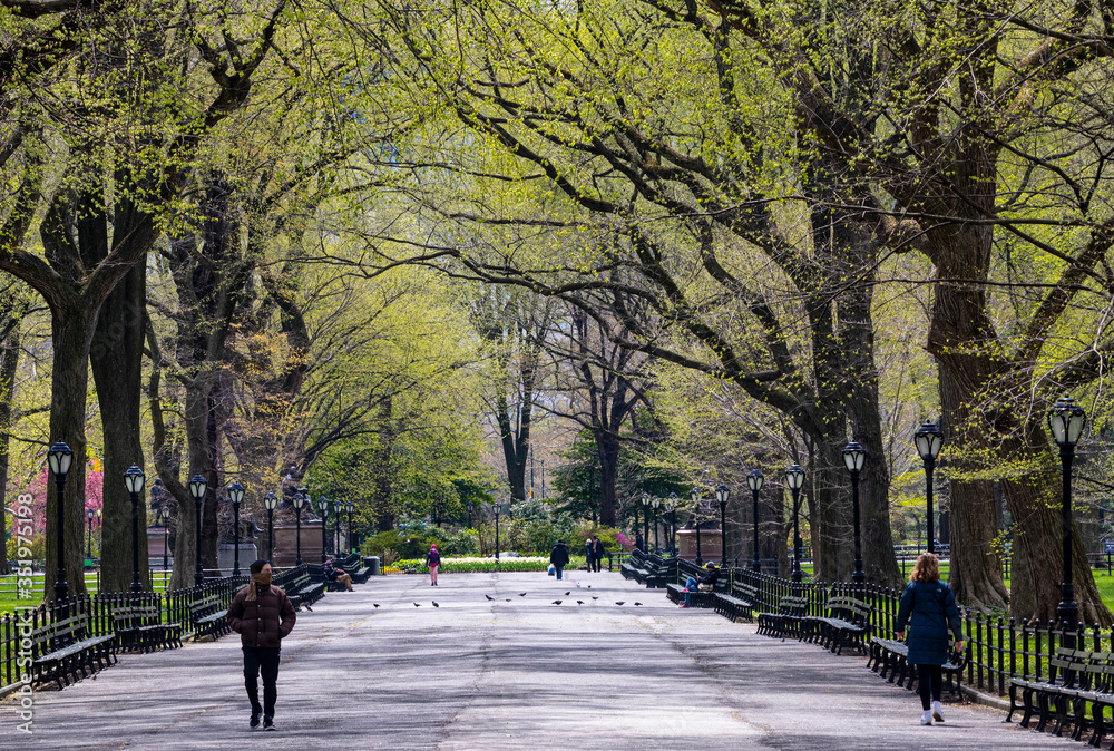 Manhattan, NY, USA- 4/17/20: people during the time of coronavirus in Central park.