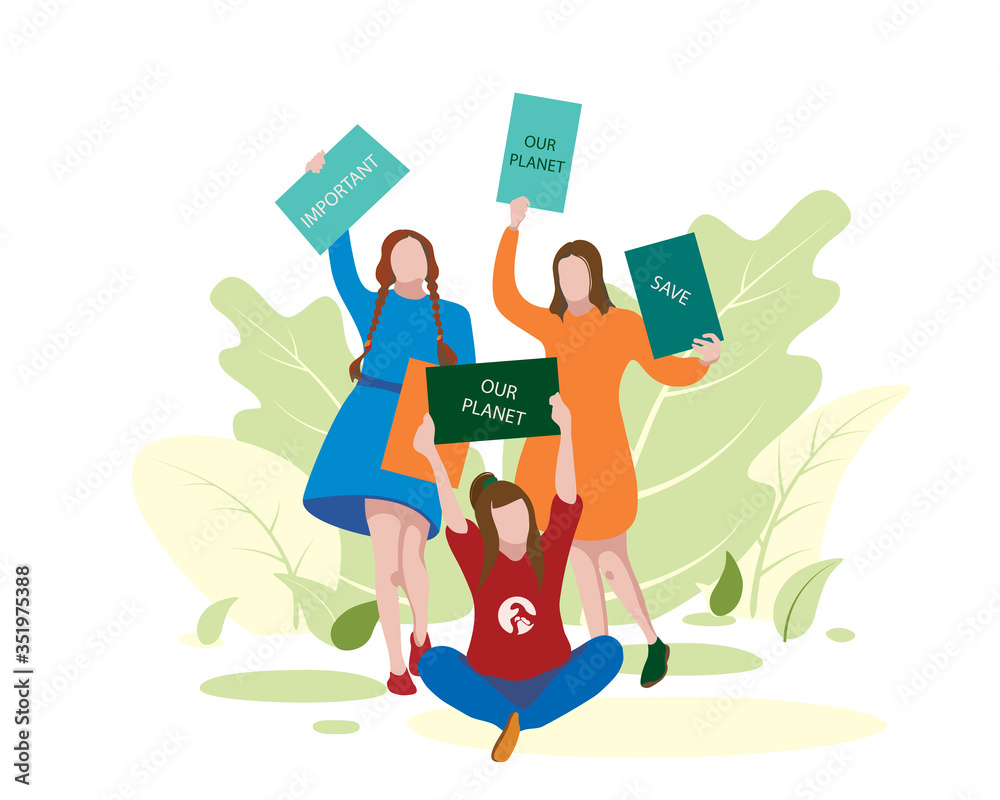 Fototapeta premium People protesting. Three activists holding placards. Environmental activist.