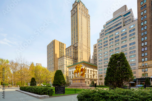 NEW YORK CITY - Apr 17: Grand Army Plaza in New York on April 17; 2020. Grand Army Plaza lies at the intersection of Central Park South and Fifth Avenue in front of the Plaza Hotel in Manhattan.