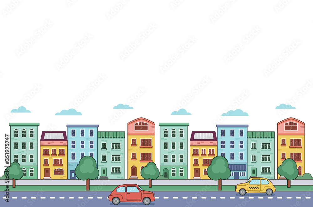 Cityscape. Urban landscape with buildings, car and taxi cab. Flat style. Vector illustration