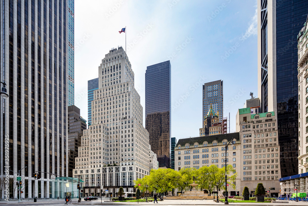 NEW YORK CITY - Apr 17: Grand Army Plaza in New York on April 17; 2020. Grand Army Plaza lies at the intersection of Central Park South and Fifth Avenue in front of the Plaza Hotel in Manhattan.