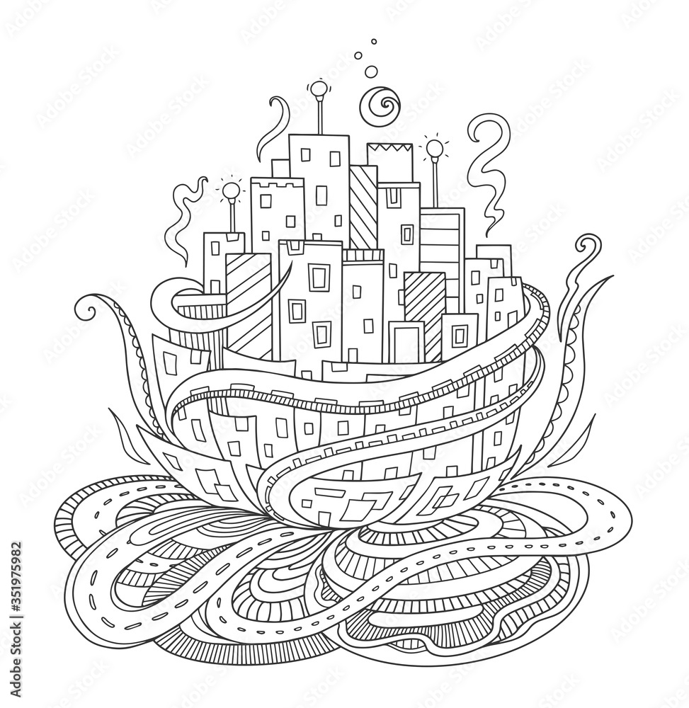 Fantasy city. Fairytale concept for adult coloring book, print, postcard. Vector outline illustration with doodle and zentangle elements. Hand-drawn, stylized doodle composition.