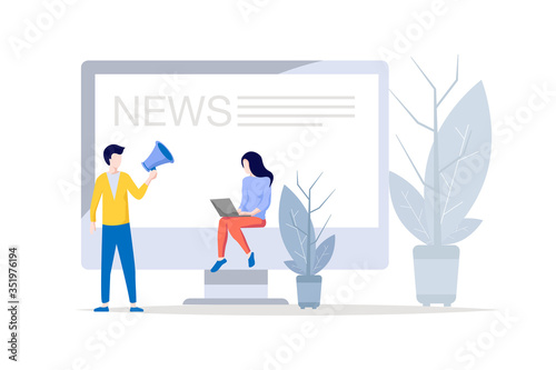 A woman is reading news on a laptop and computer. Vector illustration of headline news concept.