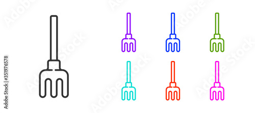 Black line Garden rake icon isolated on white background. Tool for horticulture, agriculture, farming. Ground cultivator. Set icons colorful. Vector Illustration