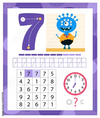 Learning Number 7 with funny monster. Coloring printable worksheet for kindergarten and preschool. Seven. Handwriting practice. Coloring book.