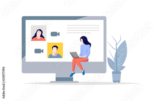 Conference video call menu template, working from home. Colleagues talk to each other people participants.
