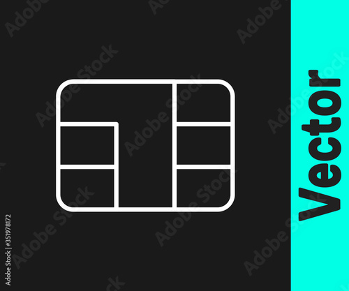 White line Credit card with chip icon isolated on black background. Contactless payment. Vector Illustration