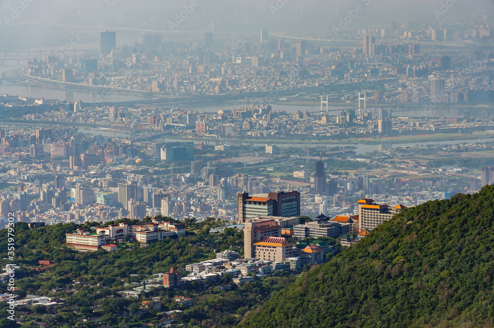 Aerial view of the Chinese Culture University and cityscape from Yangmingshan National Park