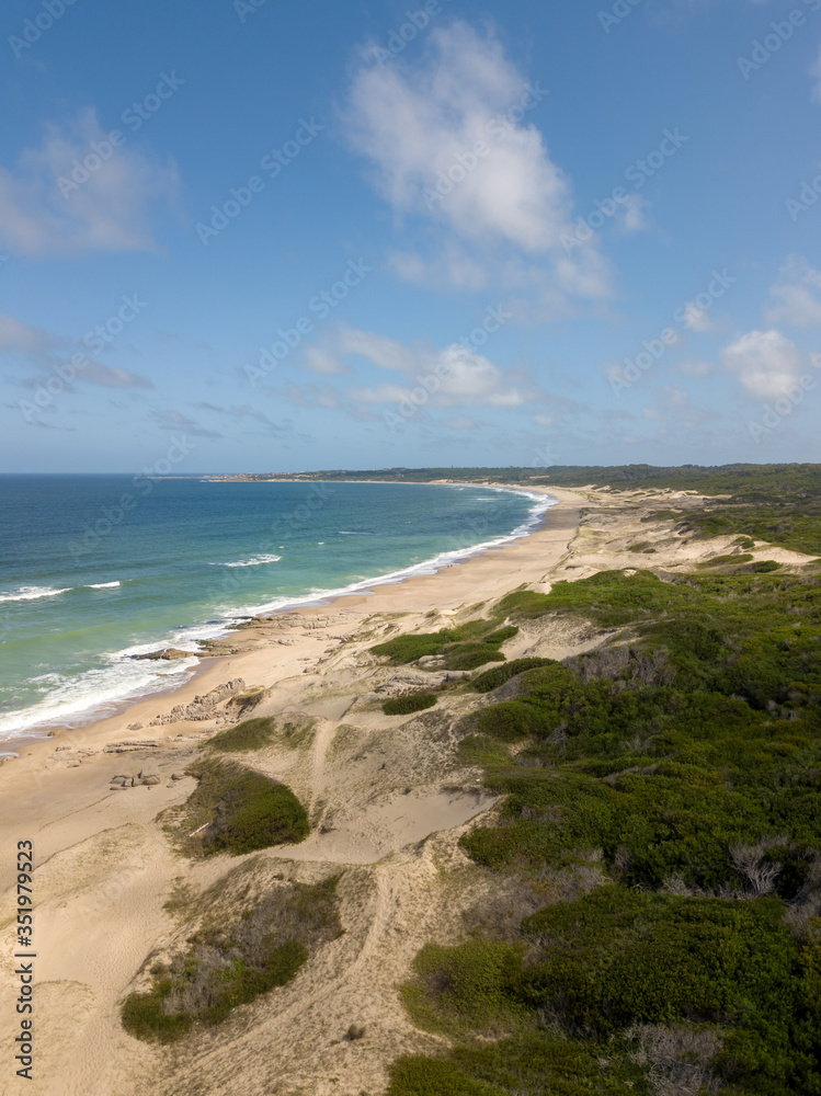 Aerial view of the beach in Punta del Diablo, wild beach. Rocha, Uruguay.
