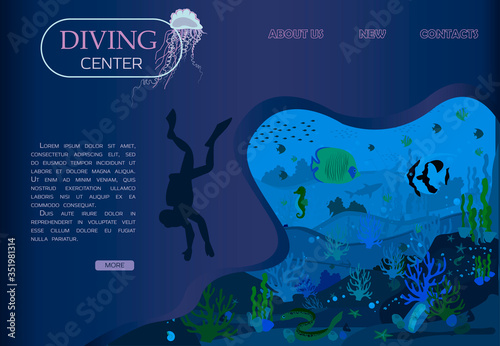Scuba diving, scuba diving and marine life in a flat design. Vector of underwater seascape underwater world and ocean wildlife reef, exotic fish, scuba diver, Portuguese boat. Home page for the diving