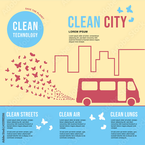 Environmentally friendly bus in the city. Exhaust fumes in the form of a cloud of butterflies. Environmental protection concept. Poster