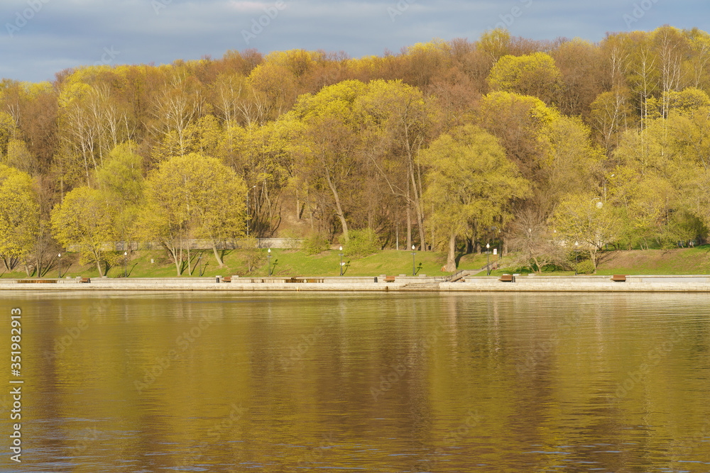 Moskva River embankment, Gorky Park (Neskuchny Garden) are popular place for walking of citizens. Coronavirus pandemic time. Nature is beautiful. No people. Rest for nature. Moskva River embankment, Gorky Park (Neskuchny Garden) are popular place for walking of citizens. Coronavirus pandemic time. Nature is beautiful. No people. Rest for nature.