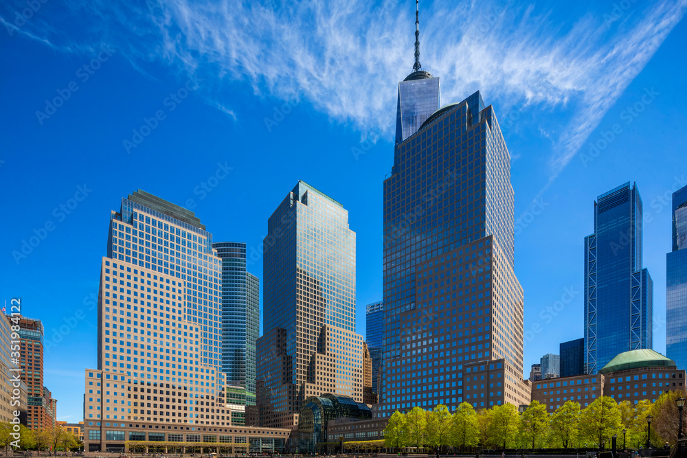 New York, NY, USA - May 2, 2020: View  of World Trade Center complex at Lower Manhattan.
