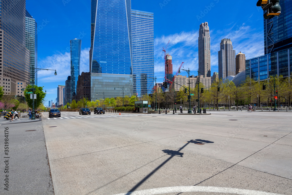 New York, NY, USA - May 2, 2020: View of World Trade Center complex at Lower Manhattan.