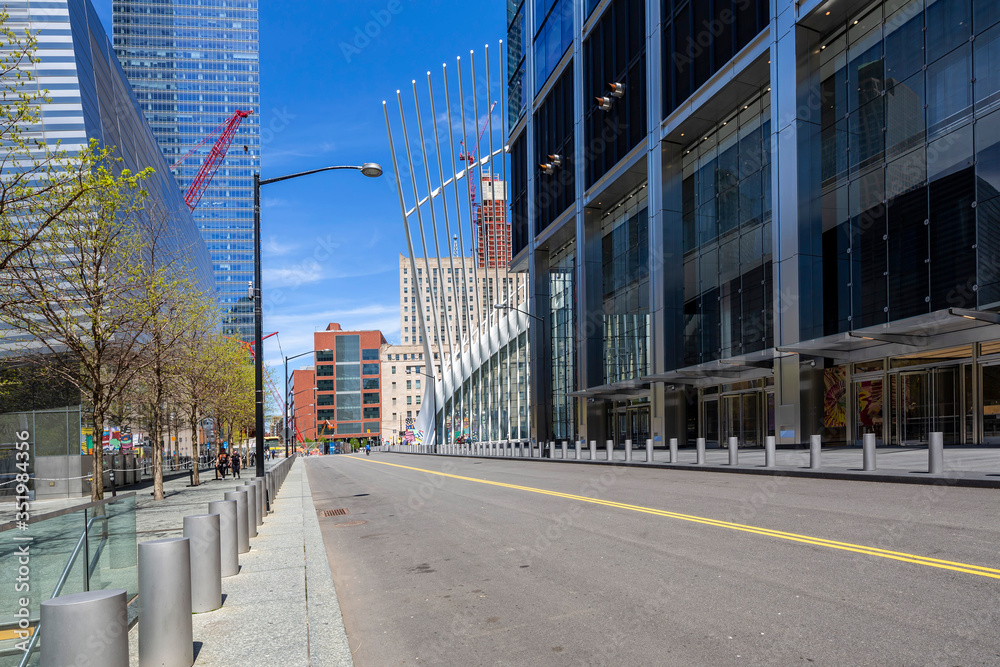 New York, NY, USA - May 2, 2020: View of World Trade Center complex at Lower Manhattan.