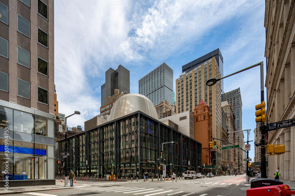 New York, NY / USA - May 2, 2020: Coronavirus impact, empty downtown streets in Manhattan during pandemic city lockdown.