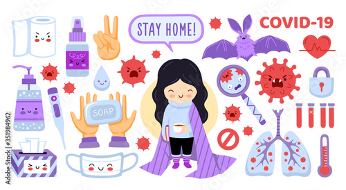 Coronavirus protection elements set. Girl staying home, mask, sanitizer, antiseptic. Symptoms and prevention stickers collection. Covid-19 flat vector illustration.