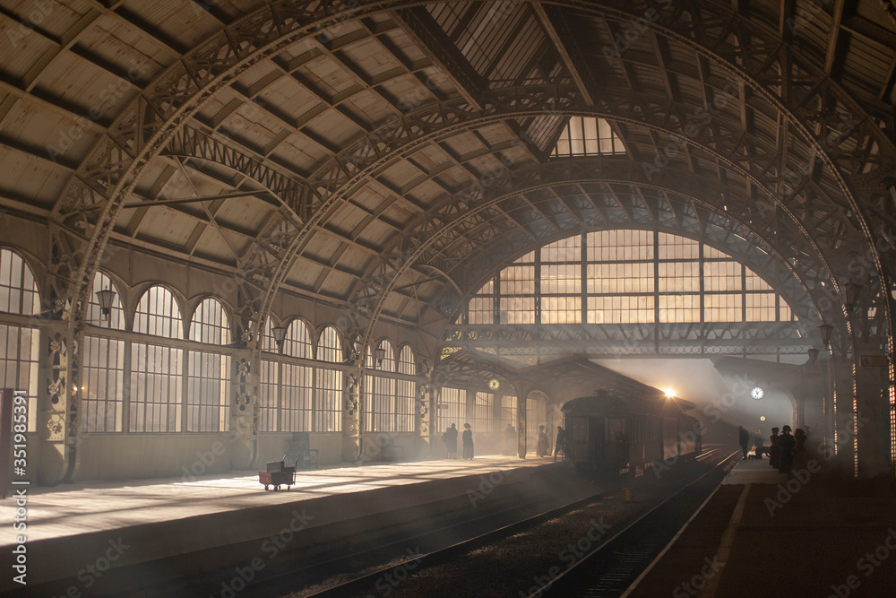 Vintage train station with mist