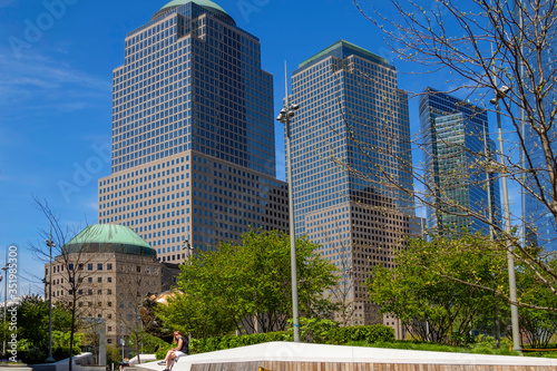 Obraz na płótnie New York City - May 2, 2020: Brookfield Place, built as and still commonly referred to as the World Financial Center, is a shopping center and office-building complex located across WTC. w salonie