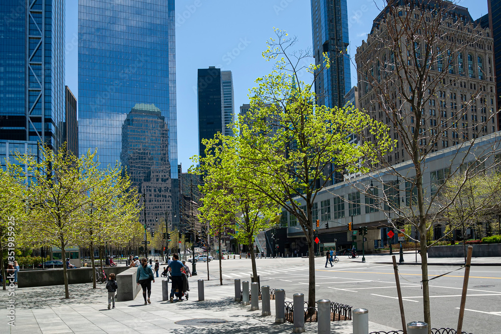 New York, NY, USA - May 2, 2020: View of World Trade Center complex at Lower Manhattan.