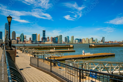 New York, USA - MAY 2, 2020: North Cove Marina at Brookfield Place with New Jersey on backgrounder