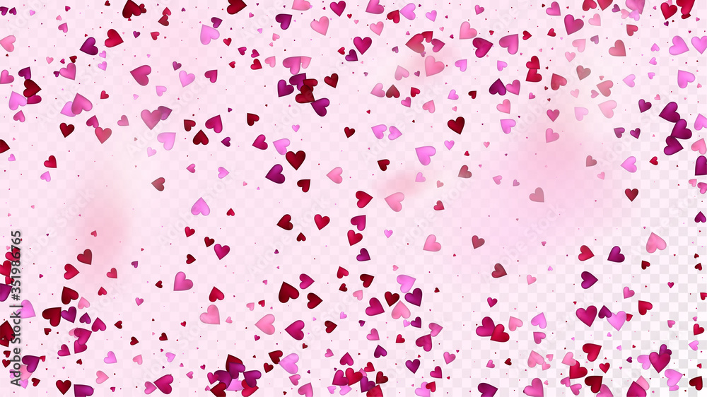 Flying Hearts Vector Confetti. Valentines Day Wedding Pattern. Beautiful Pink Sparkles Valentines Day Decoration with Falling Down Hearts Confetti. Elegant Gift, Birthday Card, Poster Background