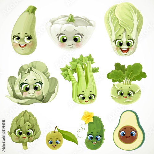 Cute cartoon emoji green vegetables set isolated on white background