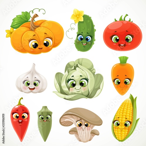 Cute cartoon emoji okra, pumpkin, carrot, tomato, cucumber, hot pepper, white cabbage, garlic, corn and oyster mushroom isolated on white background