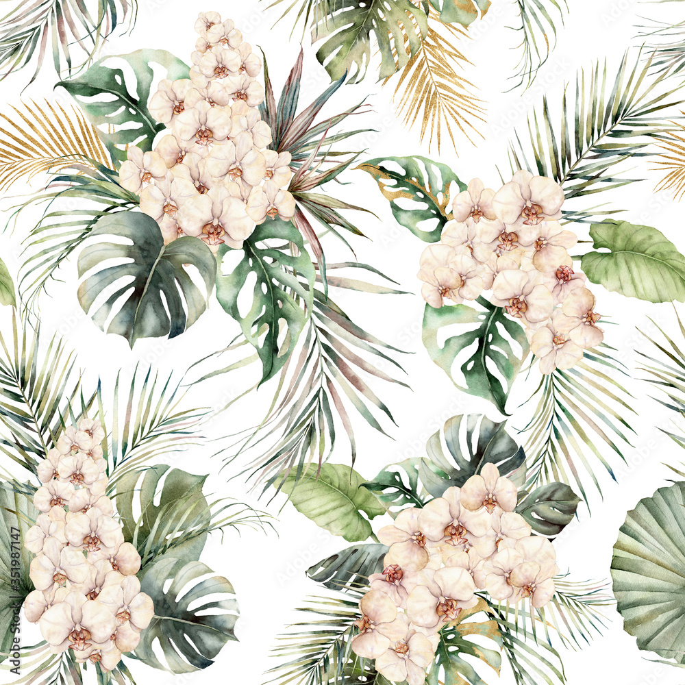 Fototapeta Watercolor seamless pattern with orchids, monstera and coconut golden leaves. Hand painted tropical flowers isolated on white background. Floral illustration for design, print or background.