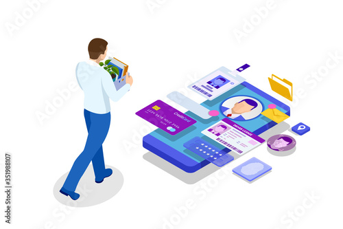 Isometric hiring and recruitment, job candidates and job centre concept. Job interview, recruitment agency. HR job seeking.