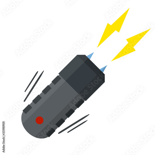 Shocker for protection. Taser is an electric weapon. Personal safety. Item for safety. Working device. Cartoon flat illustration, Yellow lightning flash